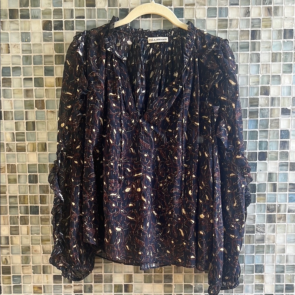 Ulla Johnson Black and Gold Ruffled Long Sleeve Blouse